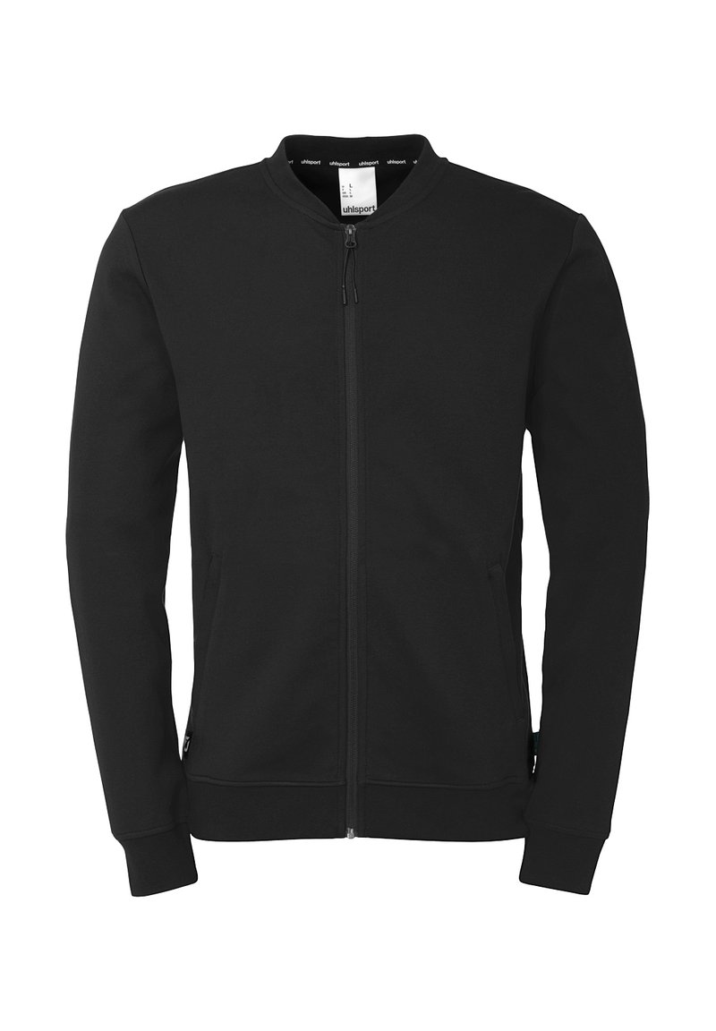 Sweatshirt noir zippé avec un col et des poignets côtelés, doté de poches latérales et d'un tissu lisse et extensible. Design minimaliste.