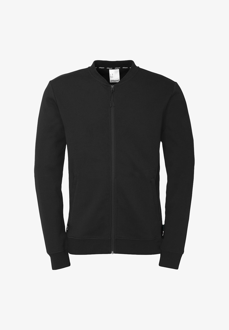 Sweatshirt noir zippé avec un col et des poignets côtelés, doté de poches latérales et d'un tissu lisse et extensible. Design minimaliste.