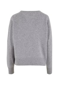 Grauer Pullover mit Rundhalsausschnitt, geripptem Saum und Bündchen, weicher Textur und lockerer Passform. Das Design zeichnet sich durch minimale Details und eine einfarbige Gestaltung aus.