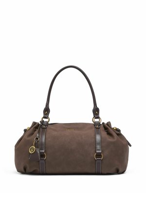 Braune Lederhandtasche mit dunkelbraunen Griffen, goldenen Akzenten, Logo "Liu Jo" und dekorativem Anhänger an einer weißen Hintergrundfläche.