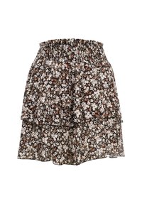 Zwarte gelaagde rok met een kleine witte en bruine bloemenprint en een elastische geplooide tailleband.