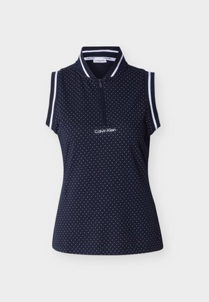 Tmavě modrá polokošile bez rukávů s bílými malými puntíky, proužkovaným límečkem a okraji rukávů a logem Calvin Klein uprostřed na přední straně.