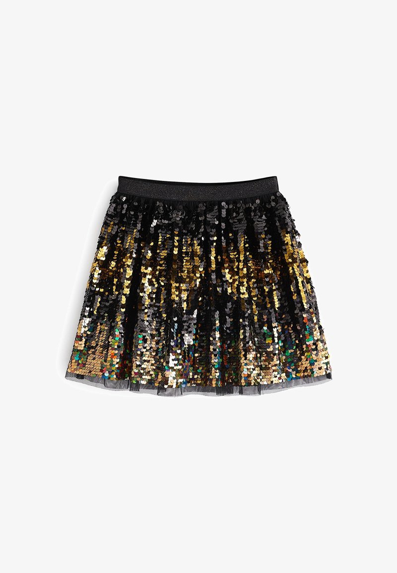 Jupe noire avec une ceinture élastique, couverte de sequins noirs brillants, dorés et irisés créant un effet dégradé scintillant.