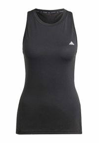 Zwarte mouwloze trainingstop van gladde, rekbare stof. Heeft een ronde halslijn en een klein wit logo op de linkerborst.