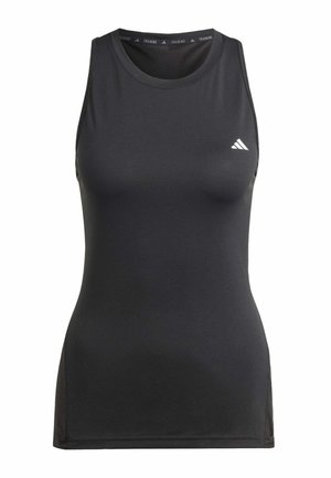 Top de entrenamiento negro sin mangas hecho de una tela suave y elástica. Presenta un escote redondeado y un pequeño logo blanco en el pecho izquierdo.