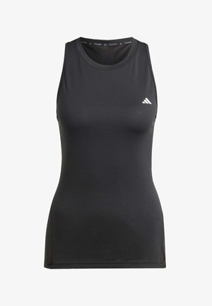 Top da allenamento nero senza maniche realizzato in tessuto liscio e elasticizzato. Presenta un collo arrotondato e un piccolo logo bianco sul lato sinistro del petto.