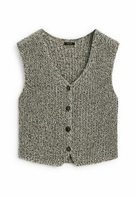 Gilet lavorato a maglia in una tonalità grigia, con scollatura a V, maniche corte e cinque bottoni neri sul davanti. Tessuto testurizzato con trama aperta.