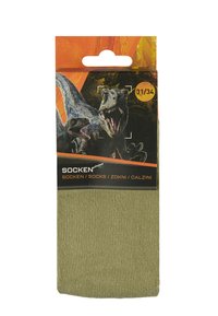 Grüne gerippte Socken verpackt mit einem lebhaften Dinosaurier-Design. Die Verpackung enthält mehrsprachigen Text und eine Größenangabe (31/34).