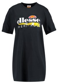 Schwarzes, übergroßes T-Shirt-Kleid aus Baumwolle, mit kurz gerollten Ärmeln, einem Rundhalsausschnitt und einem auffälligen weißen und gelben "ellesse" Logo-Print.