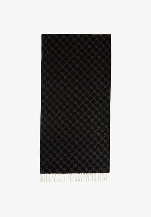 Black rectangular scarf with dark grey interlocking circle pattern and white fringes along the shorter edge, laid flat on a white background.