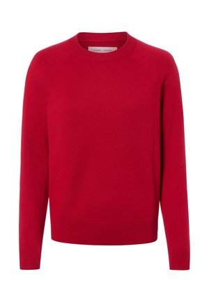 Red crew neck long sleeve knitted sweater with ribbed cuffs and hem, displayed on a plain white background.