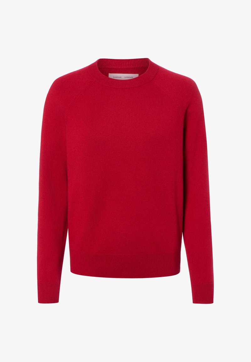 Pull rouge en maille à col rond, manches longues, avec poignets et ourlet côtelés, présenté sur un fond blanc uni.