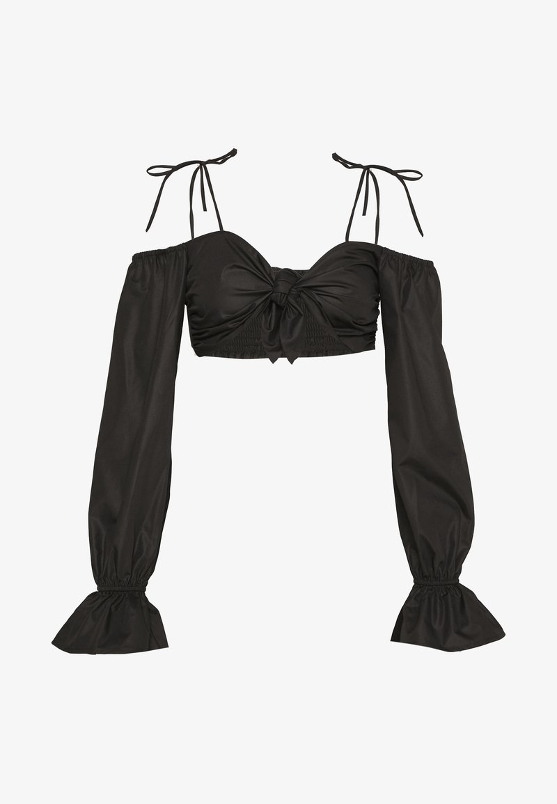 Crop top noir épaules dénudées avec manches longues bouffantes, bretelles nouées sur les épaules et détail nœud à l'avant au niveau de la poitrine.