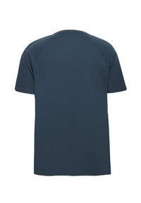 Mørkeblå atletisk t-shirt med korte ærmer og tekstureret stof vist bagfra på en hvid baggrund.