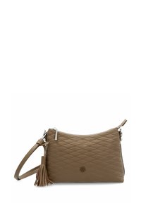 Borsa a tracolla in pelle marrone con design trapuntato, zip argentata e un accento con nappina. Presenta una tracolla regolabile per un utilizzo versatile.