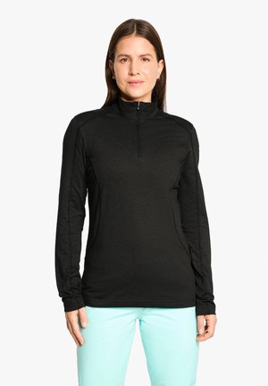 Schwarzes Langarmoberteil mit Reißverschlusskragen und enganliegendem Design. Hergestellt aus strukturiertem Stoff, mit kontrastierenden Nähten.