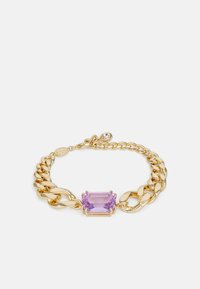 Brățară din linkuri de aur, având o piatră rectangulară mare de culoare violet deschis în centru. Design cu lanț, finisaj neted și strălucitor.