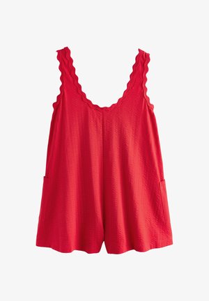 Red sleeveless romper with scalloped edges and textured fabric, featuring side pockets and a relaxed fit.