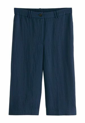 Marineblaue, knielange Shorts mit elastischem Bund, Knopfverschluss und Gürtelschlaufen, aus strukturiertem Stoff gefertigt.