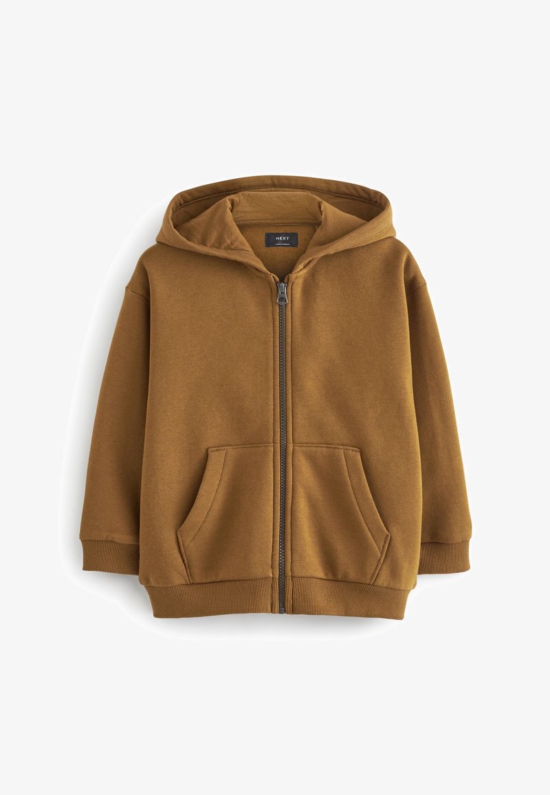 Sweat à capuche marron zippé avec poches kangourou à l'avant et poignets côtelés, présenté à plat sur un fond blanc.