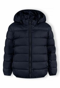 Námornícka puffer bunda so zipsom vpredu, prešívaným dizajnom, kapucňou a elastickými manžetami. Hladká textúra, polstrovaná na izoláciu a teplo.