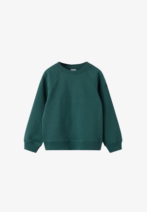 Donkergroen sweatshirt met ronde hals en lange raglanmouwen, met ribbels aan de manchetten en onderkant, gepresenteerd op een witte achtergrond.