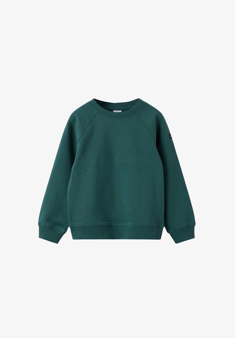 Mørkegrøn crewneck sweatshirt med lange raglanærmer samt ribbede manchetter og nedre kant, præsenteret på hvid baggrund.