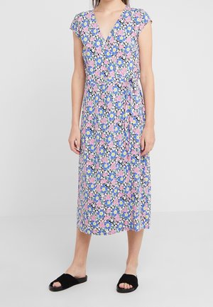 Floral wrap dress featuring a V-neck, short sleeves, and a tie belt. The fabric has a colorful print of blue, pink, and white flowers on a black background.