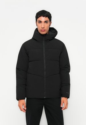 Black puffer jacket with a zip front and adjustable hood. Features a quilted design and elastic cuffs for warmth and comfort.