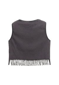 Czarna, ciemnoszara, skrócona kamizelka z okrągłym dekoltem, surowym wykończeniem i frędzlami na dolnej krawędzi. Gładka tekstura tkaniny.