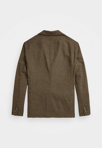 Brauner Tweed-Blazer, strukturiertes Design, Schalkragen, lange Ärmel, Viertelknopf-Manschetten, texturiertes Material, Rückansicht, keine sichtbaren Markierungen.