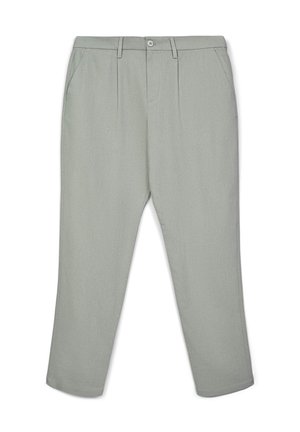 Pantaloni grigi chiari su misura con bottone frontale, passanti per cintura, tasche laterali e gambe slim affusolate su sfondo bianco.
