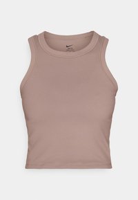 Débardeur sportif court mauve sans manches avec col rond, en tissu lisse Nike Dri-FIT pour un confort d'évacuation de l'humidité.