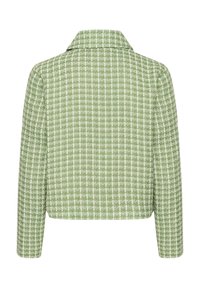 Zeleno-bílá kostkovaná bunda s dlouhým rukávem a širokým límcem, zobrazena zezadu na bílém pozadí.