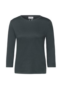 T-shirt à manches longues vert foncé en tissu doux, avec un col en V et une coupe décontractée. Simple, sans motifs ou accents marquants.