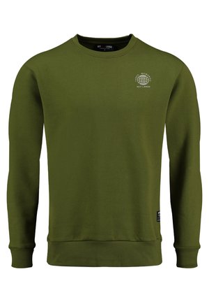 Olive green sweatshirt made of soft fabric, featuring a crew neckline, long sleeves, ribbed cuffs, and a small logo graphic on the chest.