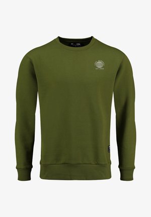 Olivgrüner Sweatshirt aus weichem Material, mit rundem Halsausschnitt, langem Ärmeln, gerippten Bündchen und einem kleinen Logo-Graphic auf der Brust.