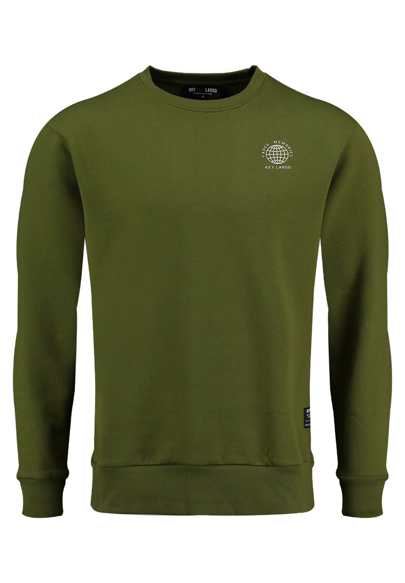 Felpa verde oliva realizzata in morbido tessuto, con scollatura a girocollo, maniche lunghe, polsini a coste e un piccolo logo grafico sul petto.