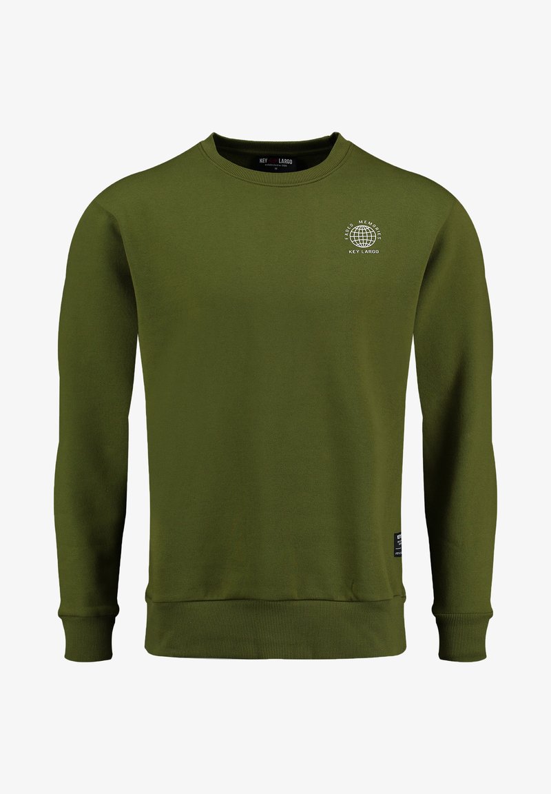 Felpa verde oliva realizzata in morbido tessuto, con scollatura a girocollo, maniche lunghe, polsini a coste e un piccolo logo grafico sul petto.