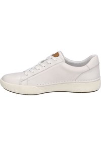 Weiße Leder-Sneaker mit runder Zehenform, glatter Oberfläche und kontrastierendem hellbraunem Akzent in der Nähe der Ferse; ausgestattet mit flachen Schnürsenkeln und einer strukturierten Sohle.