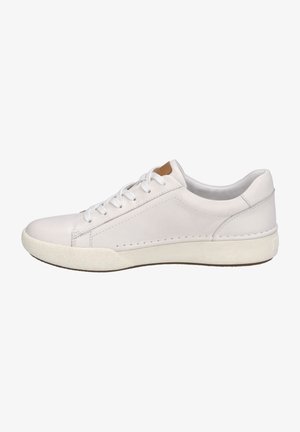 White leather sneaker with a rounded toe, smooth surface, and contrasting tan accent near the heel; features flat laces and a textured sole.