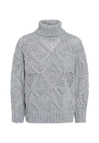 Hellgrauer Strickpullover mit hohem Rollkragen, der strukturierte Muster und Durchbrüche aufweist. Gerippte Bündchen und Saum.