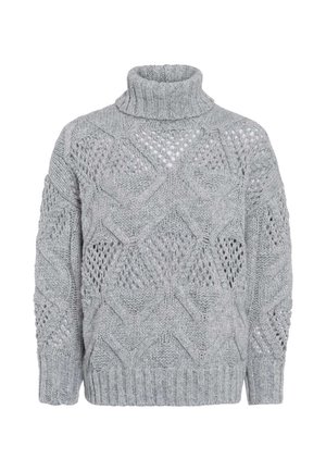 Light gray knitted sweater with a high turtleneck, featuring textured patterns and openwork designs. Ribbed cuffs and hem.