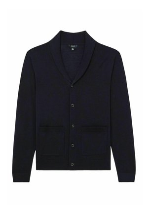 Cardigan bleumarin cu guler tip șal, închidere cu nasturi și două buzunare frontale. Fabricat dintr-un material moale, cu manșete și tiv cu nervuri.