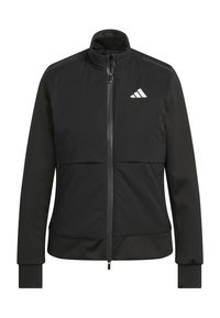 Black zip-up jacket with a high collar, featuring a contrasting fabric panel, ribbed cuffs, and a white logo on the upper left chest.