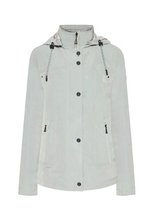 Lichtgrijs lichtgewicht jack met capuchon, voorzien van knopen aan de voorkant, zakken met rits en verstelbare trekkoorden. Soepele textuur en minimalistisch ontwerp.