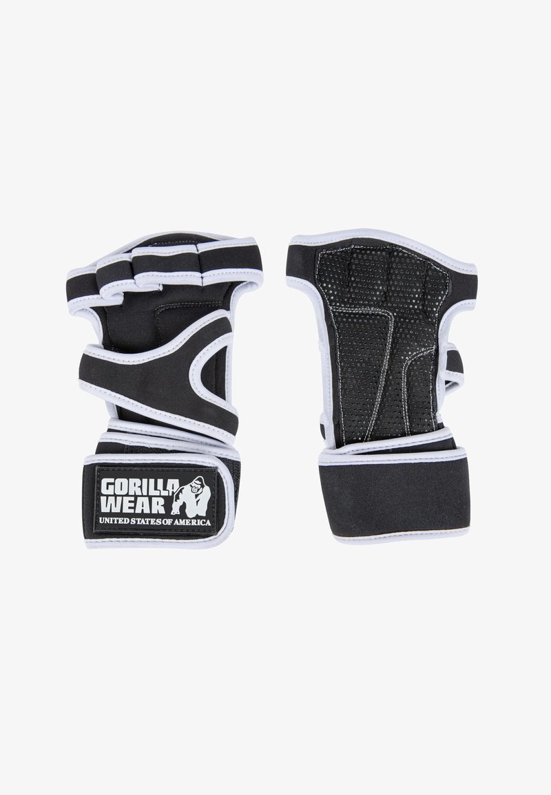 Zwarte traininghandschoenen met geperforeerde palm, witte accenten, verstelbare banden en een logo patch. Gemaakt van duurzaam en flexibel materiaal.