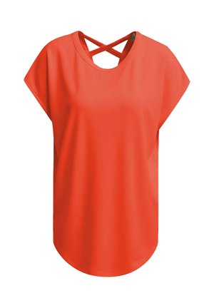 Red short-sleeve top with a relaxed fit, featuring a cross-back design and a rounded hem. Smooth texture, lightweight fabric.