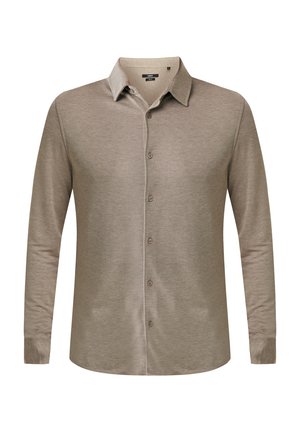 Beige overhemd met lange mouwen, knoopsluiting, zachte textuur, subtiele glans en een klassieke kraag. Heeft gelijkmatig verdeelde knopen aan de voorkant.