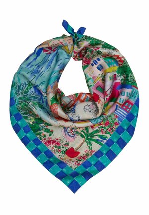 Hodvábna šatka s farebnými ilustráciami domov, stromov, bicyklov a šachovnicového okraja v modrej a tyrkysovej farbe.